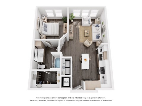 a 1 bedroom floor plan with a fireplace